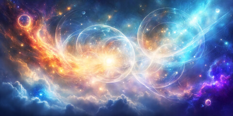 A colorful and artistic representation of a spiral in space. The spiral is filled with bright stars, creating a visually striking scene. The colors are vibrant and the composition is captivating.