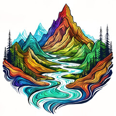 A scenic mountain landscape with a river flowing through it. The mountains in the background are colorful, adding to the overall visual appeal of the artwork.
