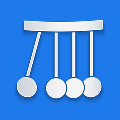 Paper cut Pendulum icon isolated on blue background. Newtons cradle. Paper art style. Vector