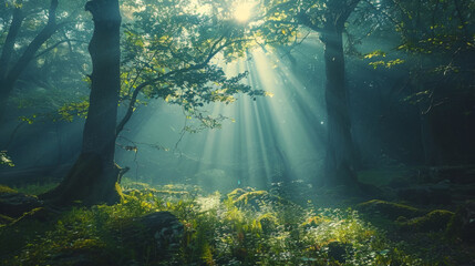 Sunbeams filter through the canopy of a lush, green forest, illuminating the mist and the verdant undergrowth. - obrazy, fototapety, plakaty
