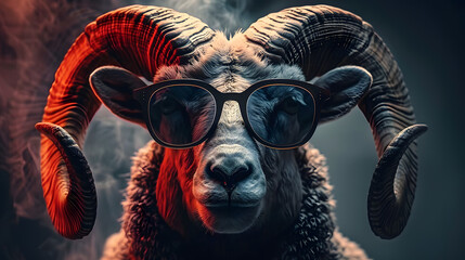 Wild ram in dark sunglasses close-up. Portrait of a wild ram. Anthopomorphic creature. Fictional character for advertising and marketing. Humorous character for graphic design.