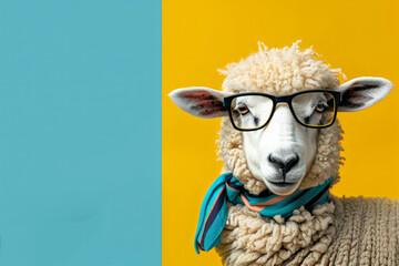 sheep wearing glasses and a scarf is the main focus. sheep's appearance is whimsical and playful, with the glasses and scarf adding a touch of humor. Funny sheep with cool glasses with colored tie. - obrazy, fototapety, plakaty