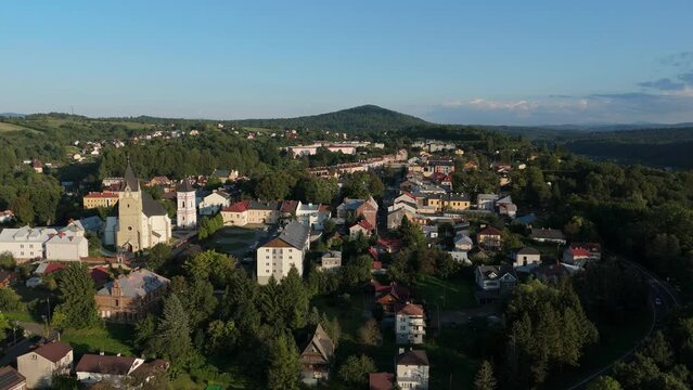 Beautiful Landscape Church Downtown Lesko Mountains Aerial View Poland