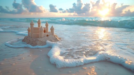 Beach sandcastle on beach with sea view