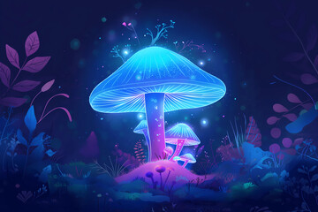 Illustration of a glowing mushroom in the style of a fantasy world with neon lights. - obrazy, fototapety, plakaty