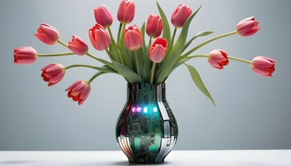 An avant-garde vase crafted from recycled circuit boards, containing a cluster of holographic tulips shimmering with digital effects.