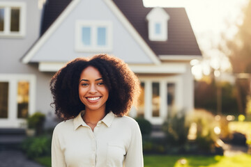 Afro American woman standing outside house, real estate broker  or buying new house concept 