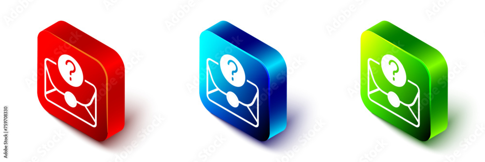 Poster isometric envelope with question mark icon isolated on white background. letter with question mark s