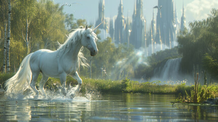 A majestic white unicorn with a flowing mane gallops through a shallow body of water in a mystical forest setting, with sunbeams filtering through the foliage and a castle in the distant background. - obrazy, fototapety, plakaty