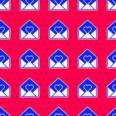 Blue Envelope with Valentine heart icon isolated seamless pattern on red background. Message love. Letter love and romance. Vector