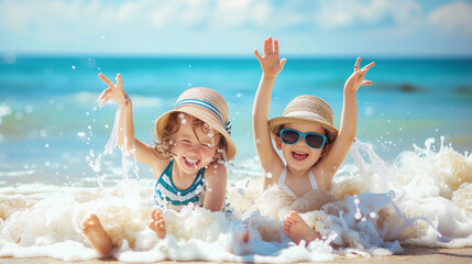 Little girls kids having fun laughing splashing in the sea. Bright sunlight blue sky. Summer activities