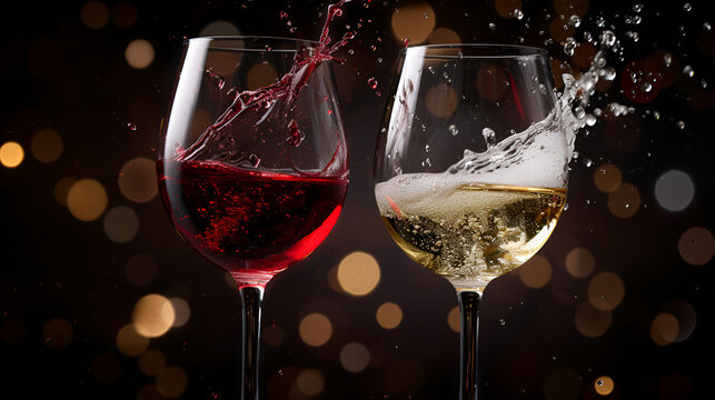 Two glasses of red and white wine with splash reflect one another on dark background,. generative ai 