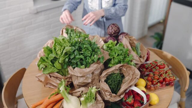 Express food delivery service, female checking ordered groceries delivered in eco paper bags, fresh vegetables and fruits from farmer's market for selling, healthy eating and online shopping concept