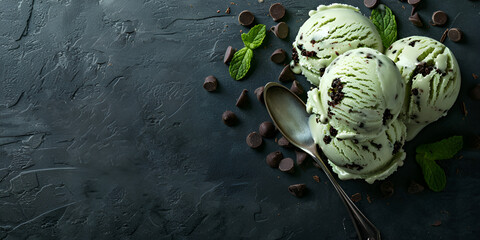 worl famous Ice Cream Delights Satisfy Your Sweet Cravings,Mint chocolate chip ice cream scoop tasty dessert background.
