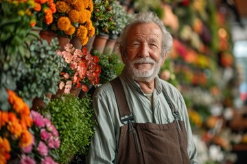 Elderly Florist in a Colorful Flower Market on a Bright Day