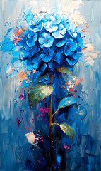 Blue hydrangea on blue background. Oil painting on canvas.