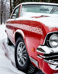 A glossy red vintage car stands out in a snowy landscape, its body speckled with fresh flakes. The chrome accents reflect the muted light of the snow-covered surroundings.
