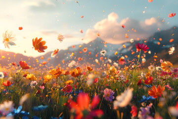 Fototapeta na wymiar A beautiful field of flowers with flying petals, showcasing the vibrant colors of nature in full bloom.