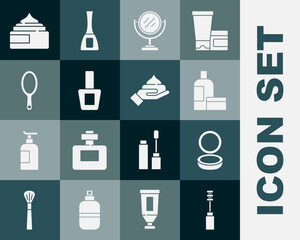 Naklejka premium Set Mascara brush, Makeup powder with mirror, Cream lotion cosmetic tube, Round makeup, Nail polish bottle, Hand, and icon. Vector