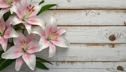 Pink lilies on white wooden boards. Romantic floral background

