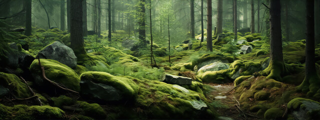 Mystical moss covered rocks in misty green forest - obrazy, fototapety, plakaty