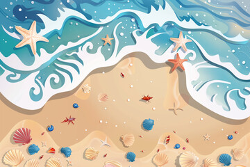 Seashore Illustration with Starfish and Waves on Sandy Beach