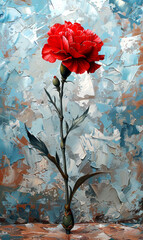 Beautiful red carnation flower on a background of blue oil paint.