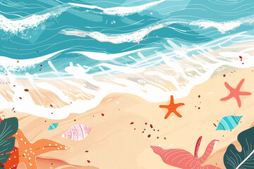 Fototapeta na wymiar Whimsical beach illustration with jumping fish, starfish, shells, and waves in teal and orange hues.