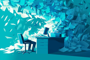 Conceptual Illustration of Overwhelmed Person with Overflowing Paperwork