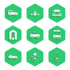 Set Pickup truck, Submarine, Surfboard, Train and railway, Car, Rafting boat, and icon. Vector