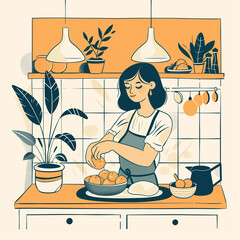 Woman Preparing Food in a Cozy Kitchen Illustrated Poster