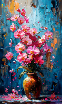 Still life with pink orchids in vase. Oil painting.