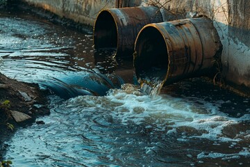 Environmental damage concept, Industrial and factory wastewater discharge pipe into the canal and sea, dirty water pollution, Sewage pipe outfall into the river, the river is polluted