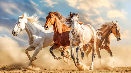 Dynamic image capturing the beauty of horses galloping in dust under a clear sky