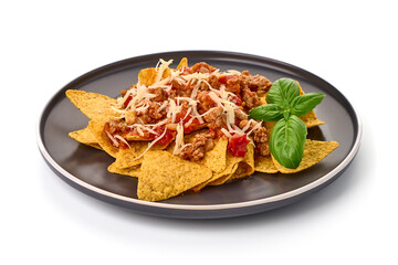 Plate of corn chips nachos with fried minced meat and cheese, isolated on white background.