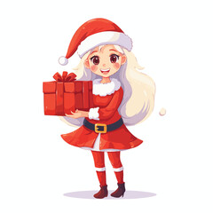Girl santa red hat hold gift box present merry chri