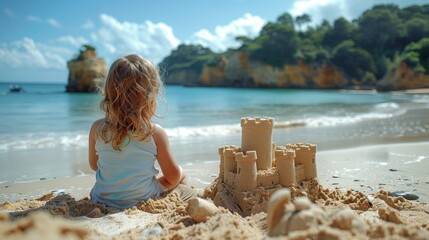  children in Beach with sandcastle on beach with sea view - obrazy, fototapety, plakaty