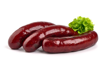 German grilled pork sausages with lettuce, close-up, isolated on white background.