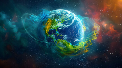 Digital artwork of Earth made with colorful threads in space - obrazy, fototapety, plakaty