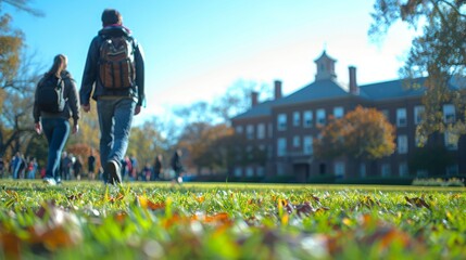college student outdoors on a college oval on the grass looking with their parents taking a college tour.