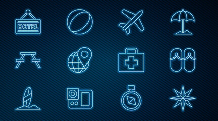 Set line Wind rose, Flip flops, Plane, Location on the globe, Picnic table with benches, Signboard text Hotel, First aid kit and Beach ball icon. Vector