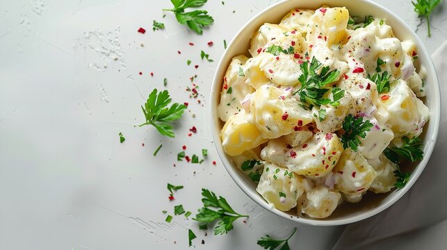 Top view of a bowl of green potato salad with creamy mayonnaise against a white background with space for writing, Generative AI.