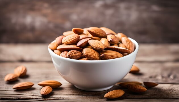 Raw almond in white bowl on wooden background
