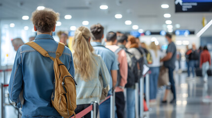People at the airport, passenger waiting in queue to check in and drop off luggage. Travelers waiting in line for security check in airport terminal