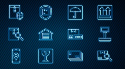 Set line Search package, Scale, Umbrella, Warehouse, Envelope with magnifying glass, shield, Cardboard box free symbol and Delivery security icon. Vector