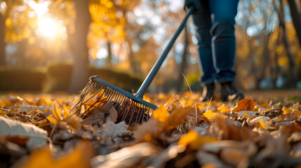 Person rake leaves in autumn