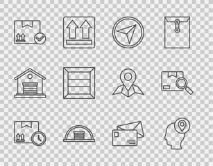Set line Cardboard box and fast time, Delivery man with cardboard boxes, Infographic of city map navigation, Hangar, Package check mark, Wooden, Envelope and Search package icon. Vector