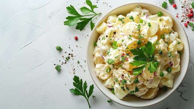 Top view of a bowl of green potato salad with creamy mayonnaise against a white background with space for writing, Generative AI.