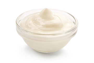 Bowl of sour cream, top view, isolated on white background. High resolution image.