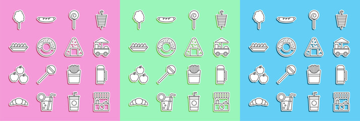 Set line Street stall with awning, Thermos container, Fast street food cart, Lollipop, Donut, Nachos plate, Cotton candy and Onigiri icon. Vector